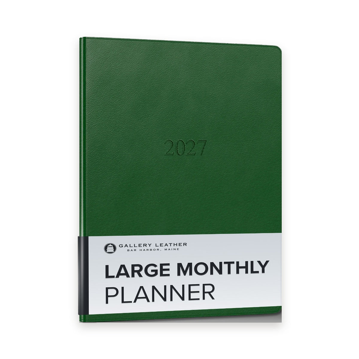 Large Monthly Leather Planner 2027 in Monhegan Emerald full-grain leather — front cover, 9.75 by 7.5 inches