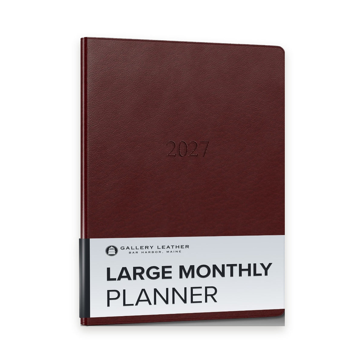 Large Monthly Leather Planner 2027 in Tremont Garnet full-grain leather — front cover, 9.75 by 7.5 inches