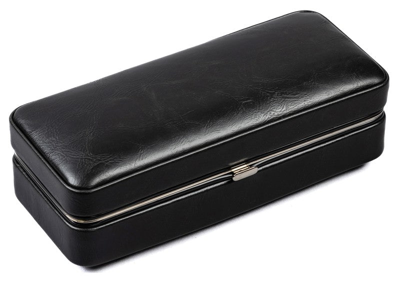 Three-cigar folding snap-lock case in black leather, closed, showing the snap-lock clasp