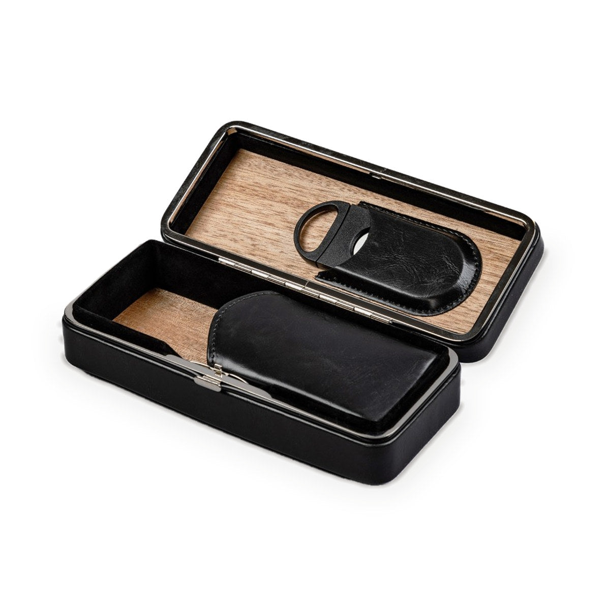 Three-cigar snap-lock case open, cedar-lined interior with the guillotine cutter in its slot