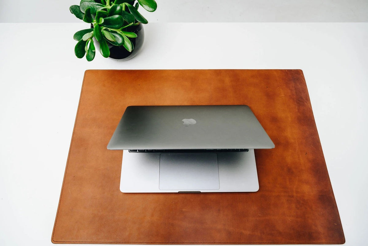 Carter Leather Desk Pad in espresso, writing surface — lifestyle