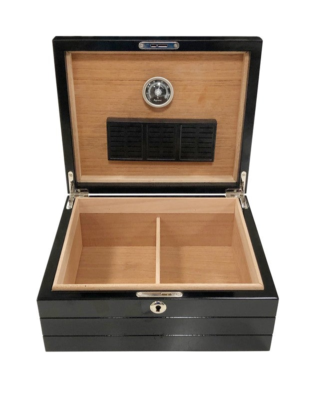 The Onyx humidor open from the front, cedar divider and lock