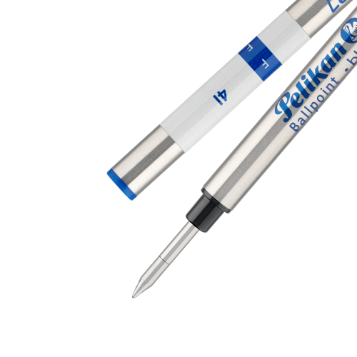 Pelikan 337 ballpoint refill in blue, shown from both ends — the printed barrel and the colour-coded band