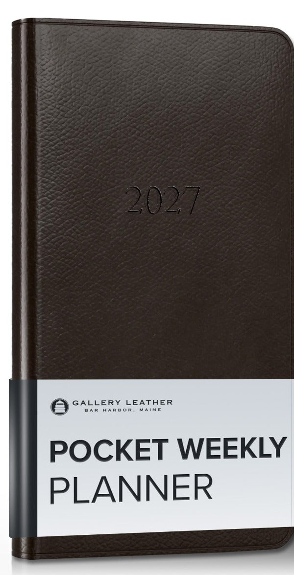 Pocket Weekly Leather Planner 2027 in Monhegan Cocoa full-grain leather — front cover, 6 by 3.25 inches