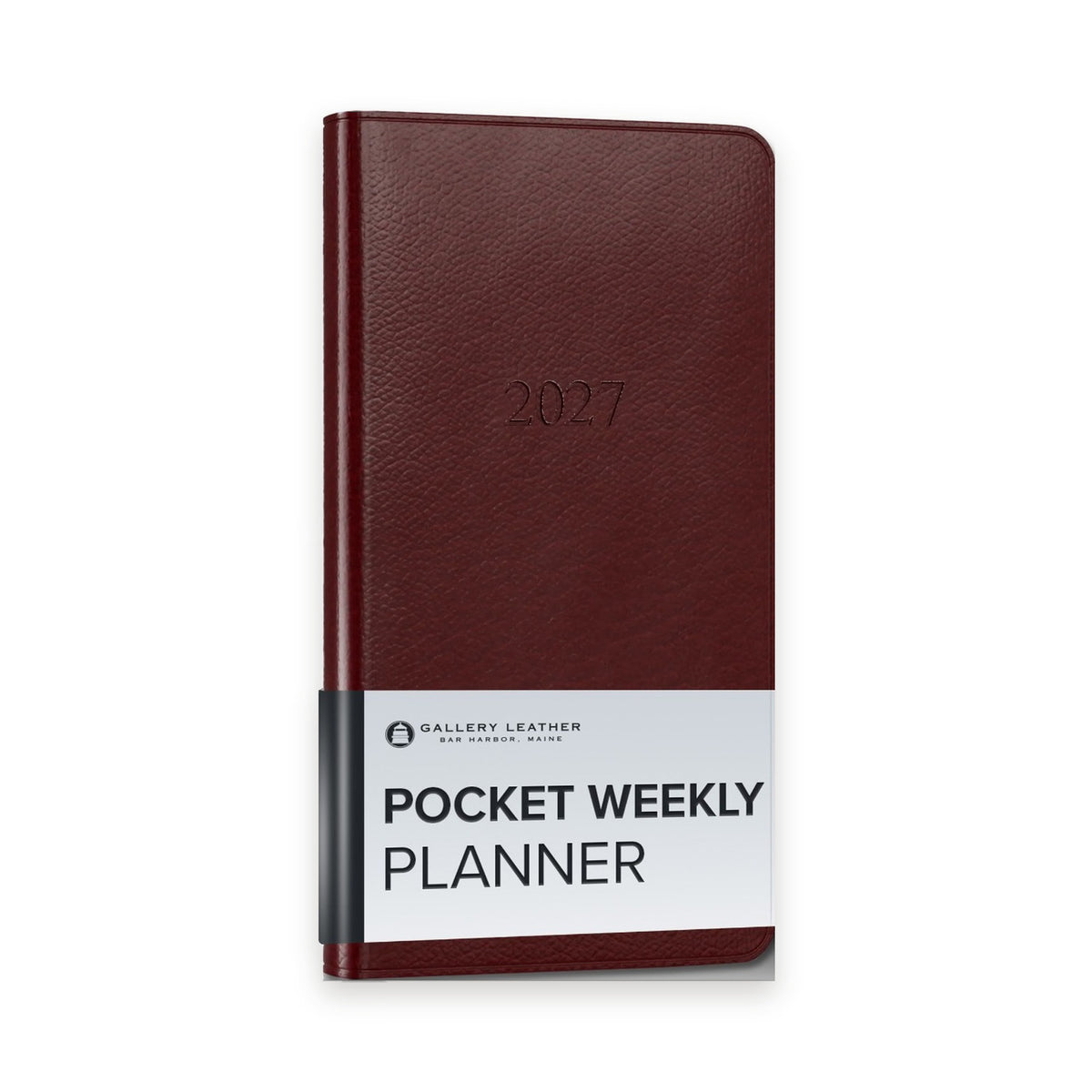 Pocket Weekly Leather Planner 2027 in Tremont Garnet full-grain leather — front cover, 6 by 3.25 inches