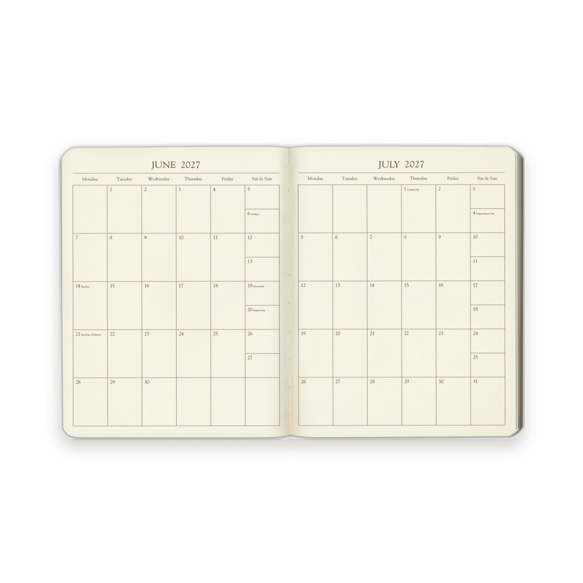 Professional Leather Planner 2027 — monthly section spread, two pages per month
