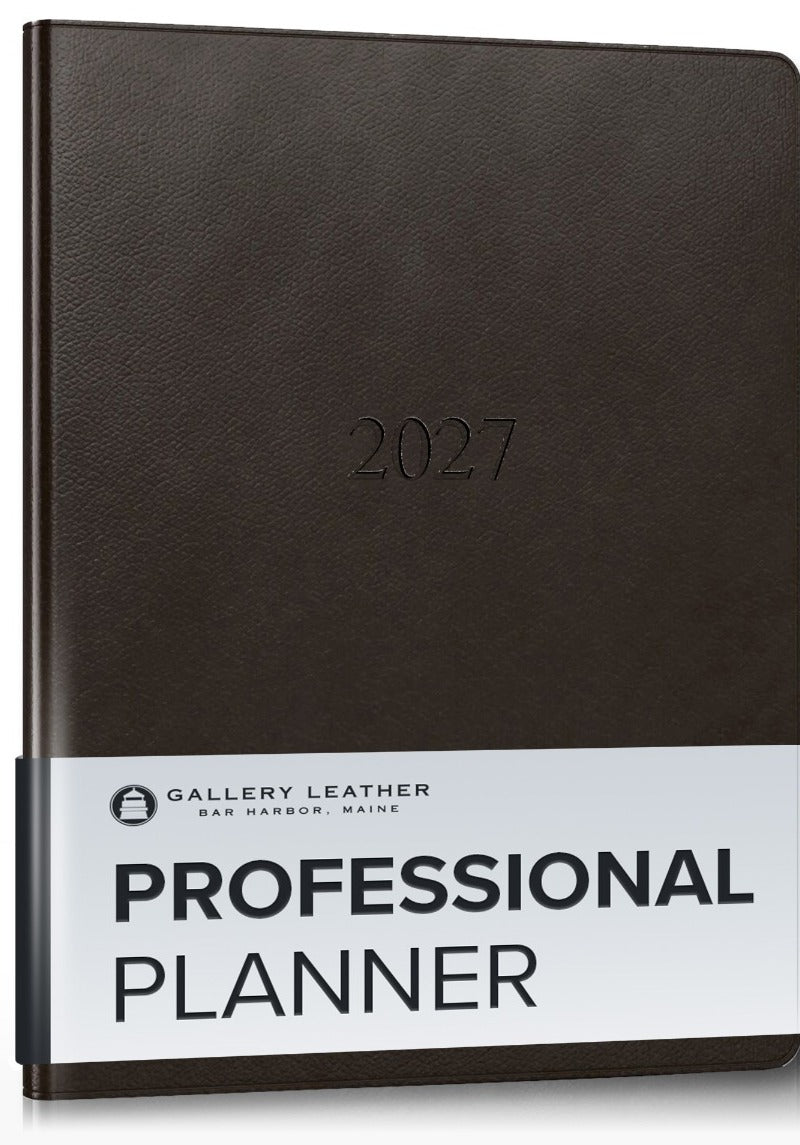 Professional Leather Planner 2027 in Monhegan Cocoa full-grain leather — front cover, 9 by 7 inches