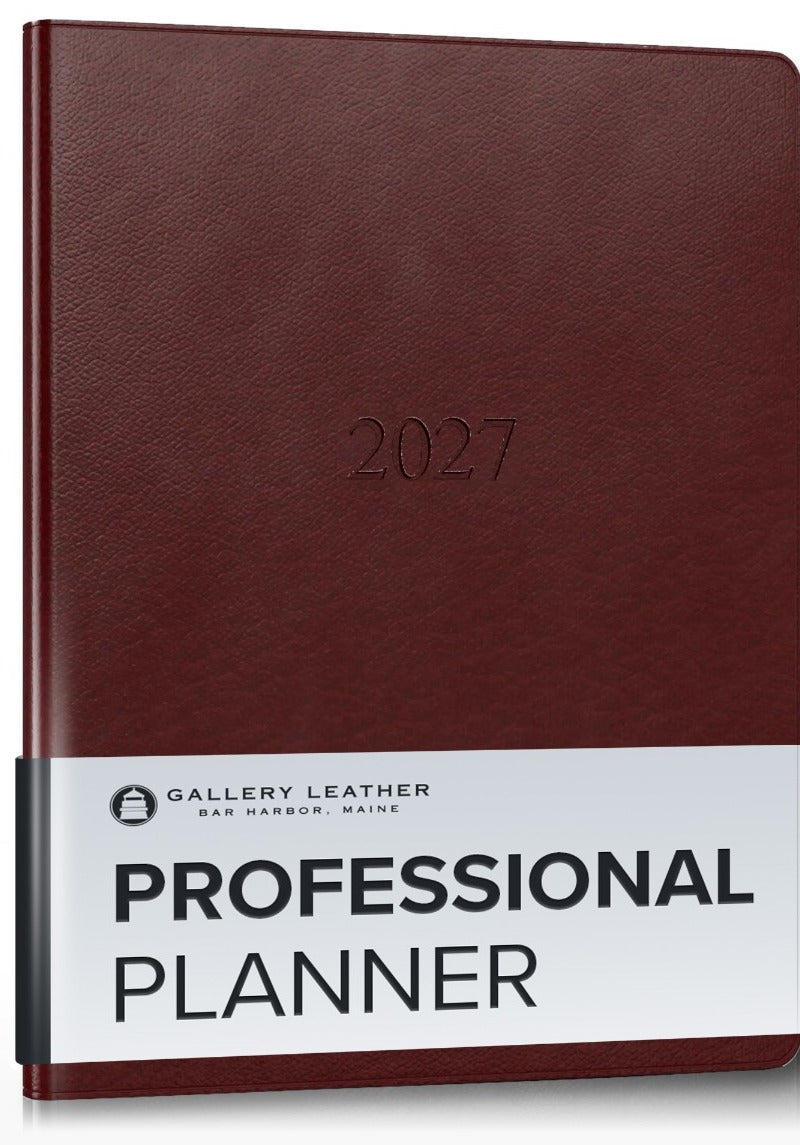 Professional Leather Planner 2027 in Tremont Garnet full-grain leather — front cover, 9 by 7 inches