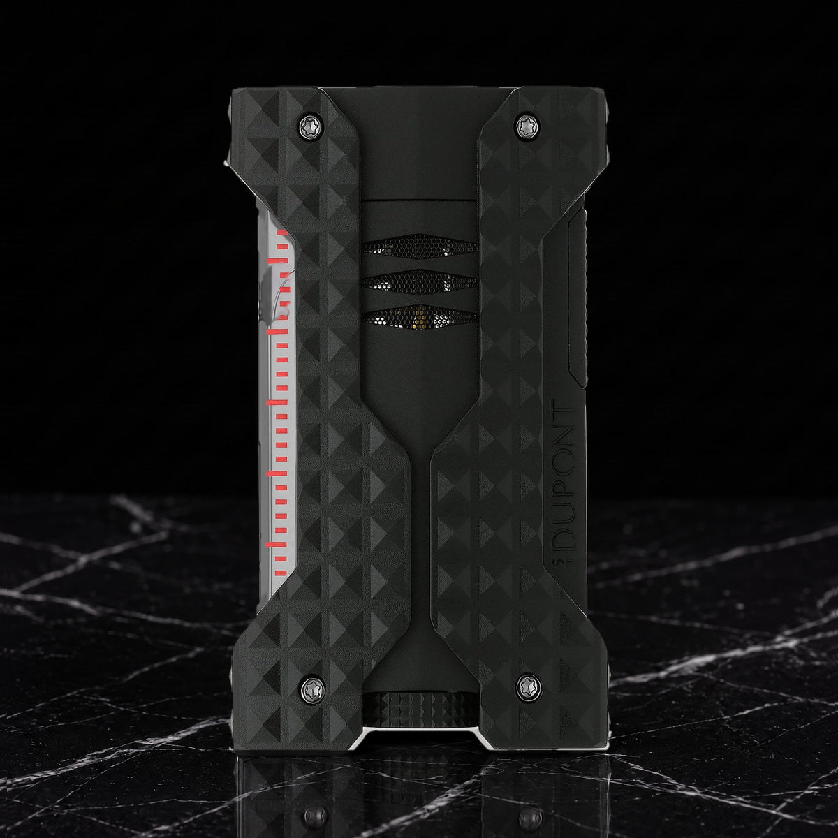 S.T. Dupont Windproof lighter in black with diamond head guilloché bumpers and a graduated fuel window, front view