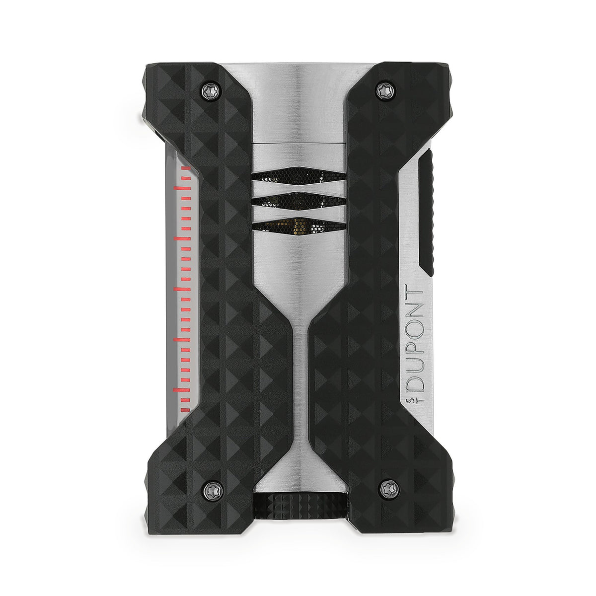 S.T. Dupont Windproof lighter in brushed chrome with black diamond head guilloché bumpers and a graduated fuel window, front view