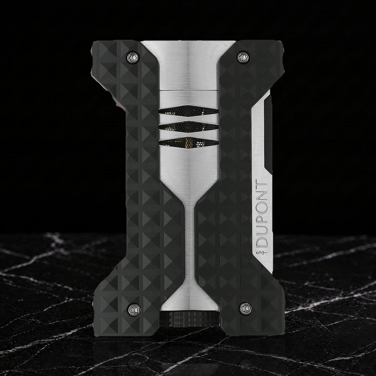 S.T. Dupont Windproof lighter in brushed chrome with black diamond head guilloché bumpers and a graduated fuel window, front view