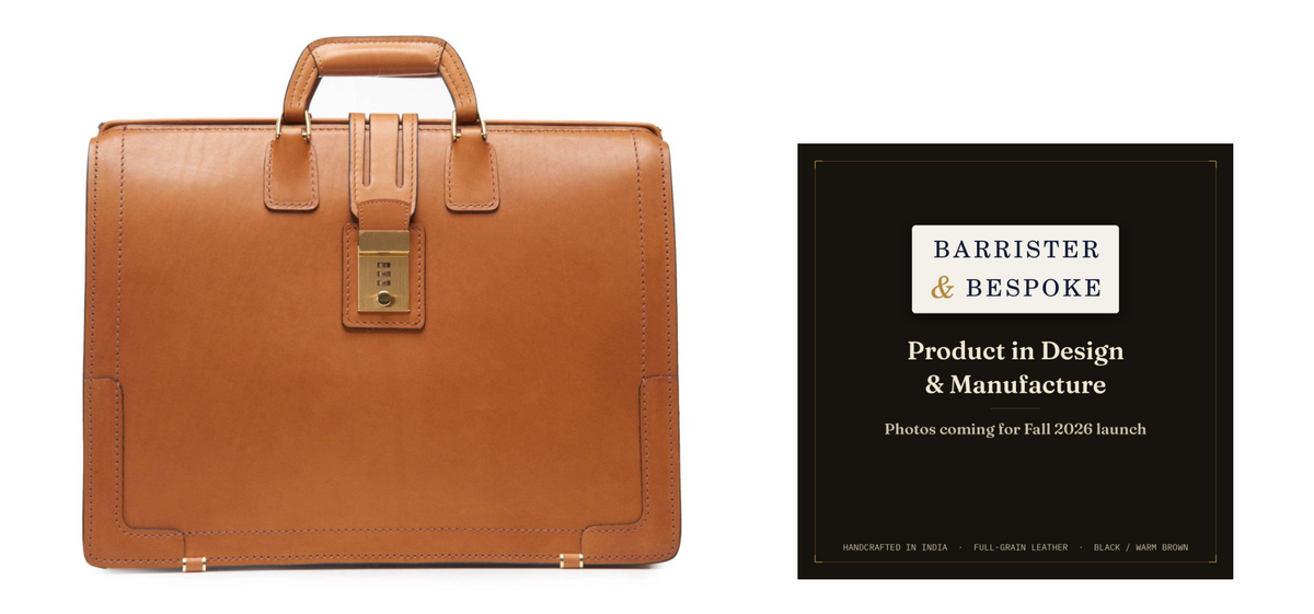 The Churchill Classic Briefcase in tan full-grain leather beside a placeholder card for The Silk, which is still in design and manufacture