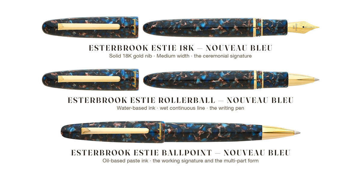 The Esterbrook Estie in Nouveau Bleu in all three formats at true relative size — the 18K gold nib fountain pen, the rollerball, and the ballpoint