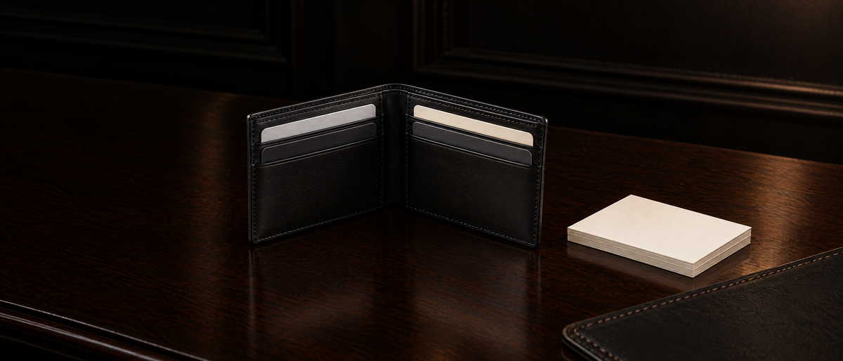 An S.T. Dupont black leather billfold wallet lying half-open beside a stack of ivory business cards on a dark desk
