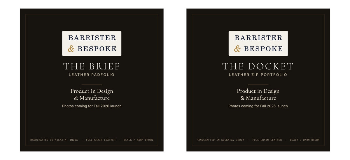 The Brief leather padfolio and The Docket leather zip portfolio, both in design and manufacture ahead of the Fall 2026 launch