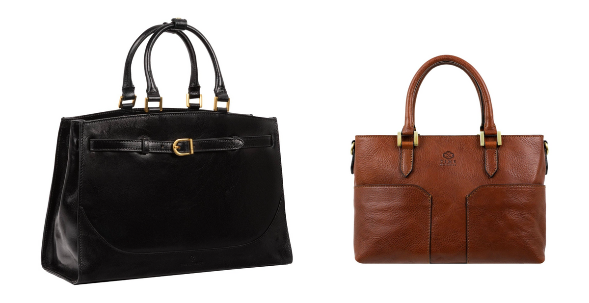 Shirley and Camilla side by side at true relative size — the Shirley work tote in black on the left, the smaller Camilla shoulder bag in cognac on the right