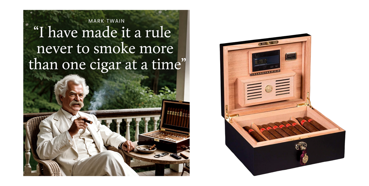 Mark Twain smoking a cigar beside his quote about one cigar at a time, next to the Daniel Marshall Ambiente 65 humidor open with cigars