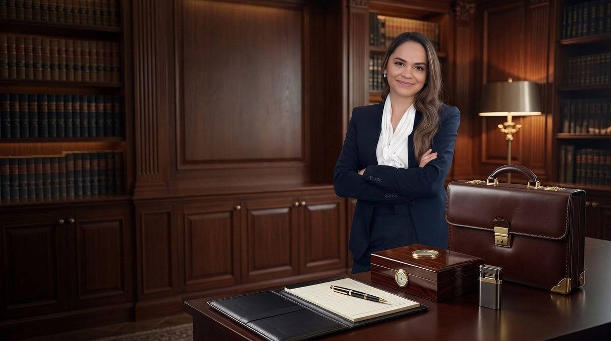 A woman attorney in a navy suit stands with arms crossed in a mahogany law library, a leather briefcase, padfolio, legal pad and fountain pen on the desk before her, with shelves of bound law reports receding into shadow.
