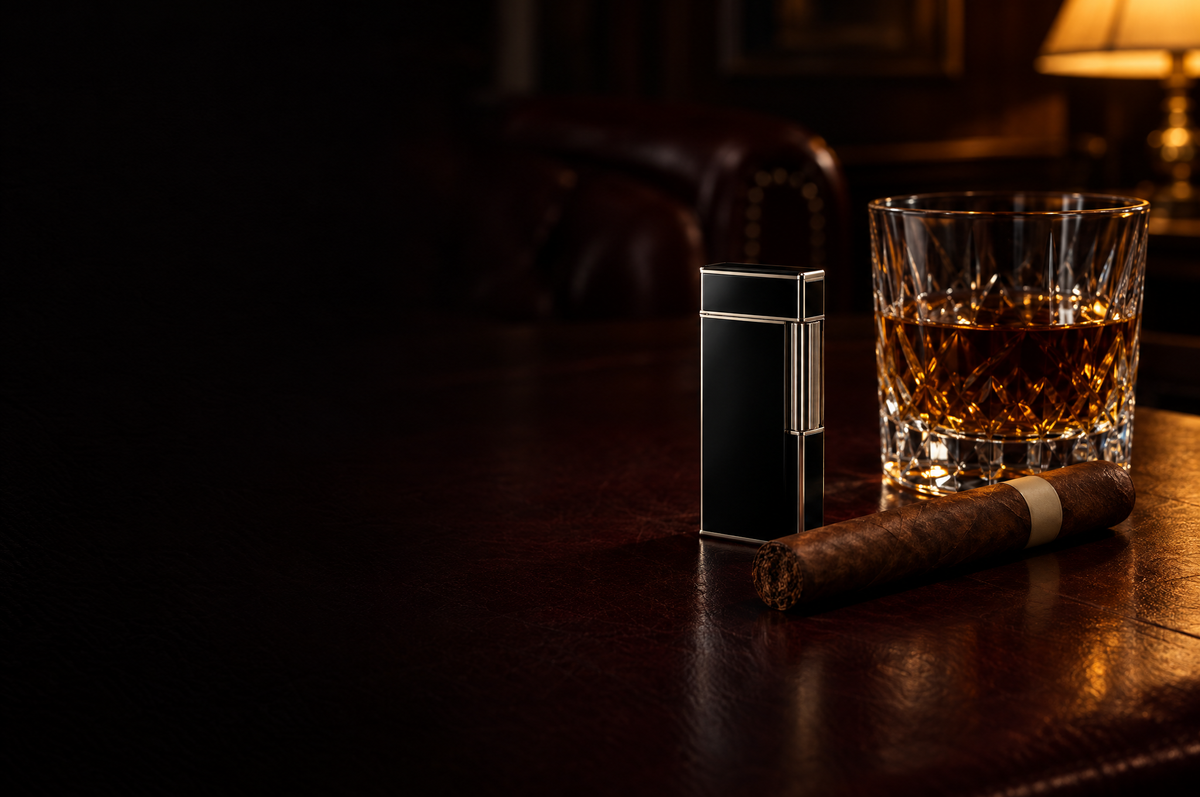 A black lacquer lighter standing beside an unlit cigar and a tumbler of whisky on dark leather in a private club
