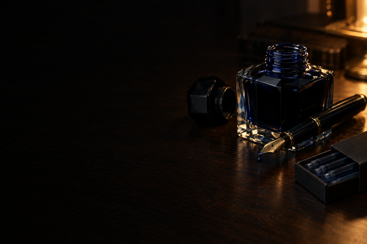 A bottle of blue-black fountain pen ink with a gold nib pen and refills on a dark desk