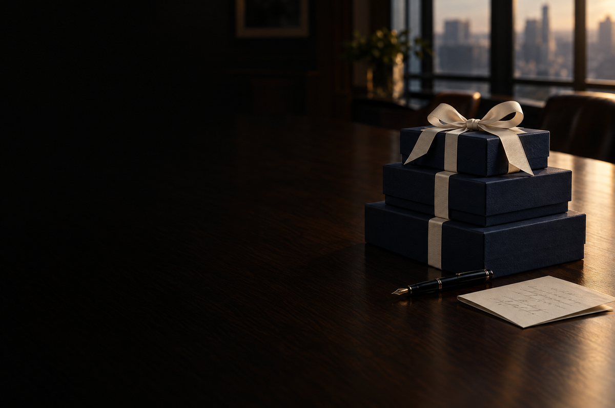 A stack of navy gift boxes tied with cream ribbon on a dark boardroom table