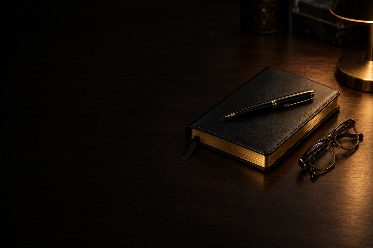 A black leather planner with a pen and reading glasses on a dark walnut desk