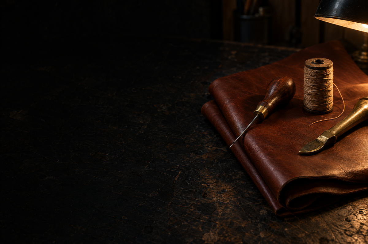Chestnut full-grain leather with a saddle-stitching awl and waxed thread on a workshop bench