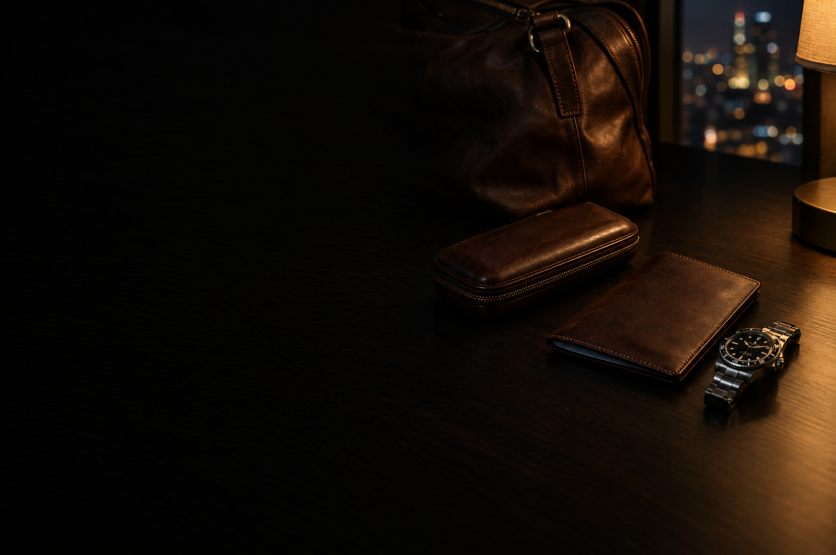 A leather travel cigar case, passport cover and watch on a dark hotel desk beside a weekend bag
