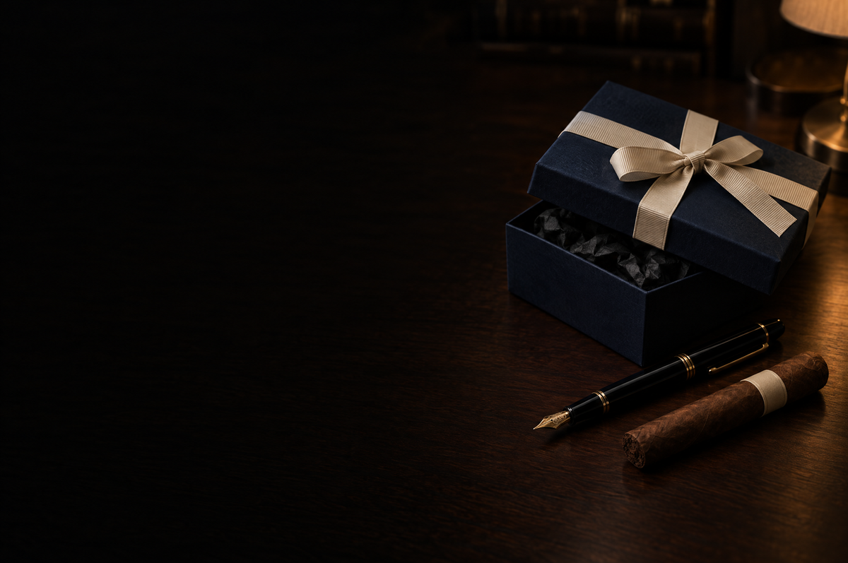 A navy gift box with cream ribbon beside a fountain pen and an unlit cigar on a dark desk