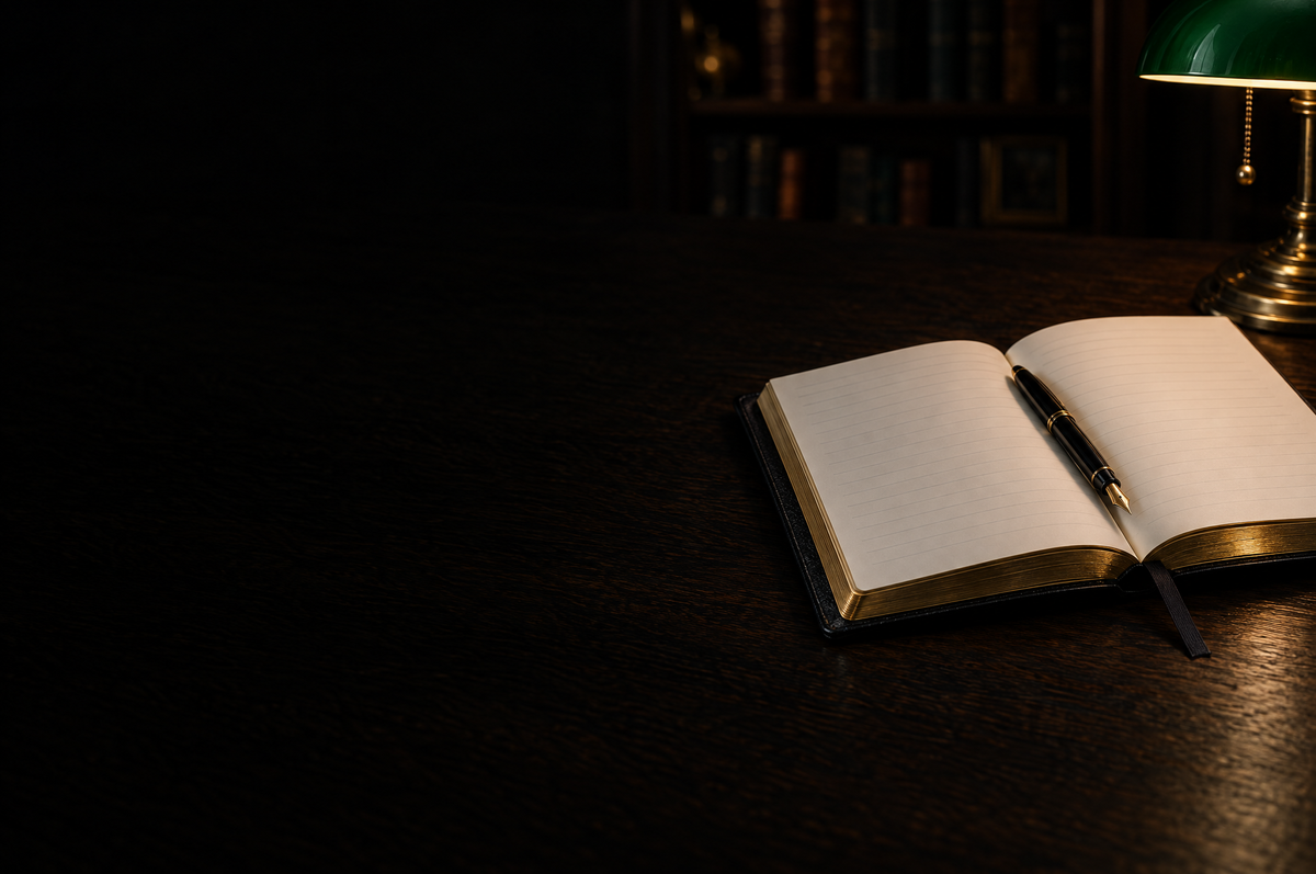 A black leather journal open to ruled pages with gilded edges on a dark library table