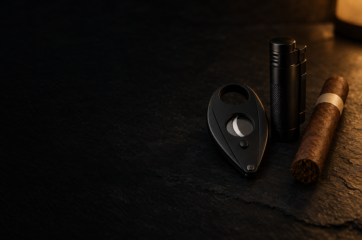 A matte-black cigar cutter and torch lighter beside an unlit cigar on dark slate