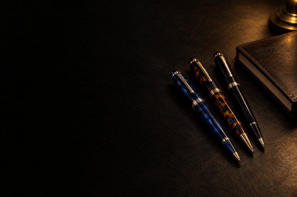 Three acrylic pens in deep blue, tortoiseshell and ebony with gold trim fanned on a dark leather desk