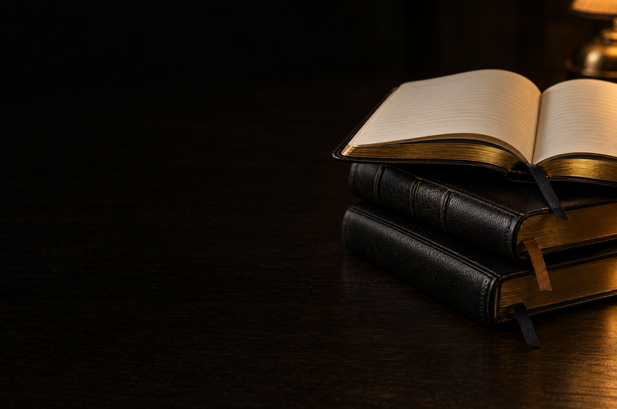 A stack of black leather journals and planners with gilded edges, the top one open, on a dark oak table