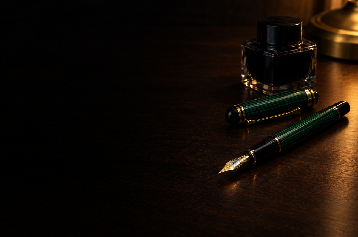 A green-striped piston-fill fountain pen with a gold nib beside an ink bottle on a dark walnut desk
