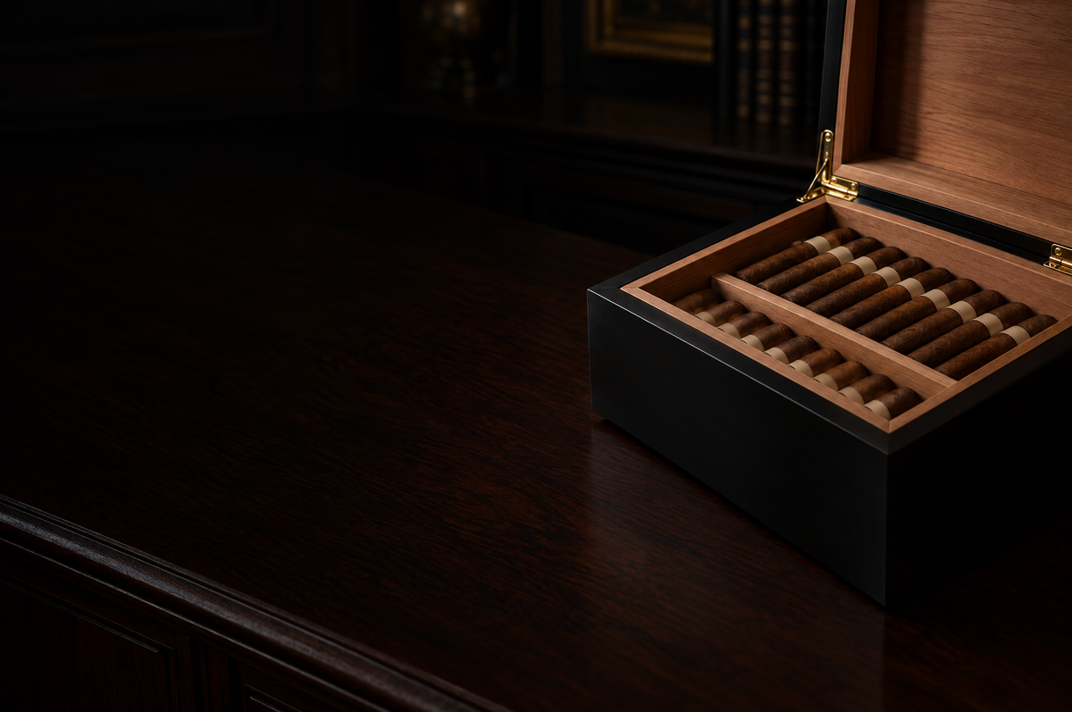 A matte-black lacquered humidor open on a mahogany credenza, cedar interior and cigars in low light