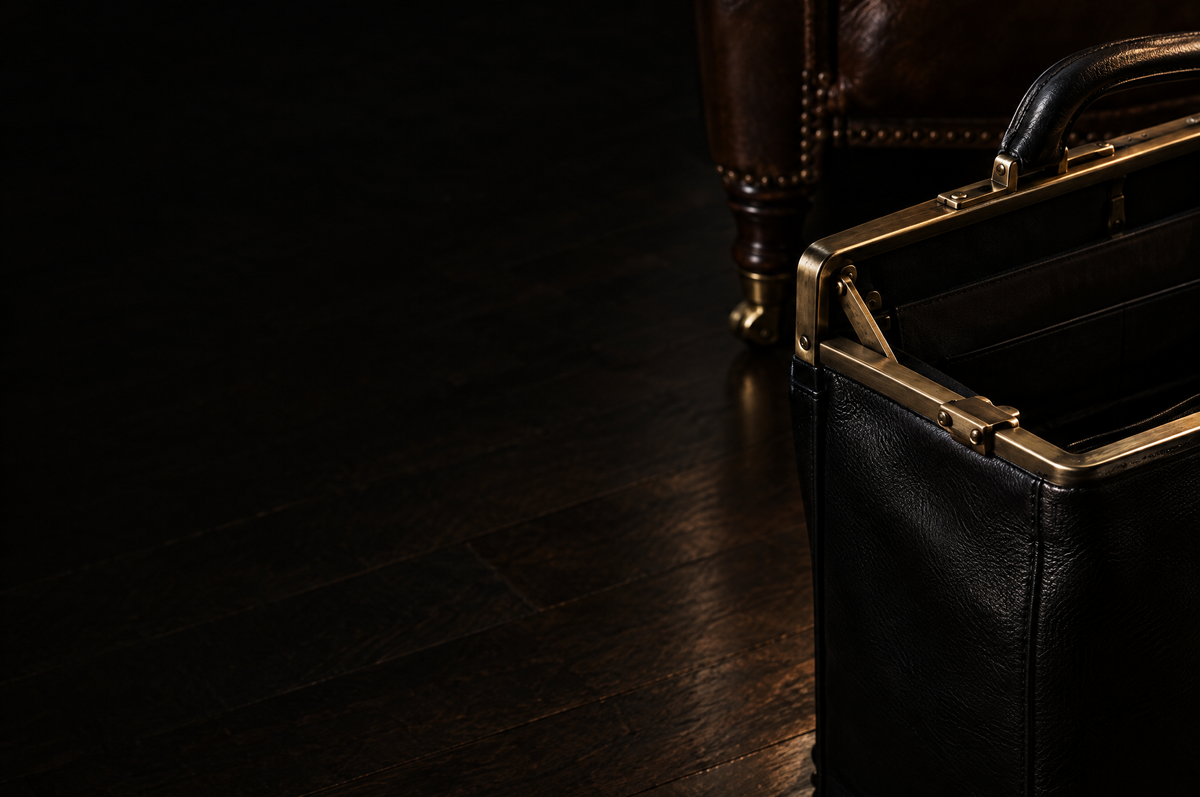 A black frame-top leather briefcase with antiqued brass hardware standing open on a dark wood floor
