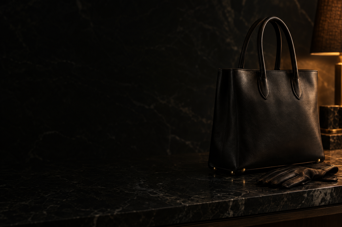 A structured black vegetable-tanned leather tote standing on a dark marble console beside leather gloves