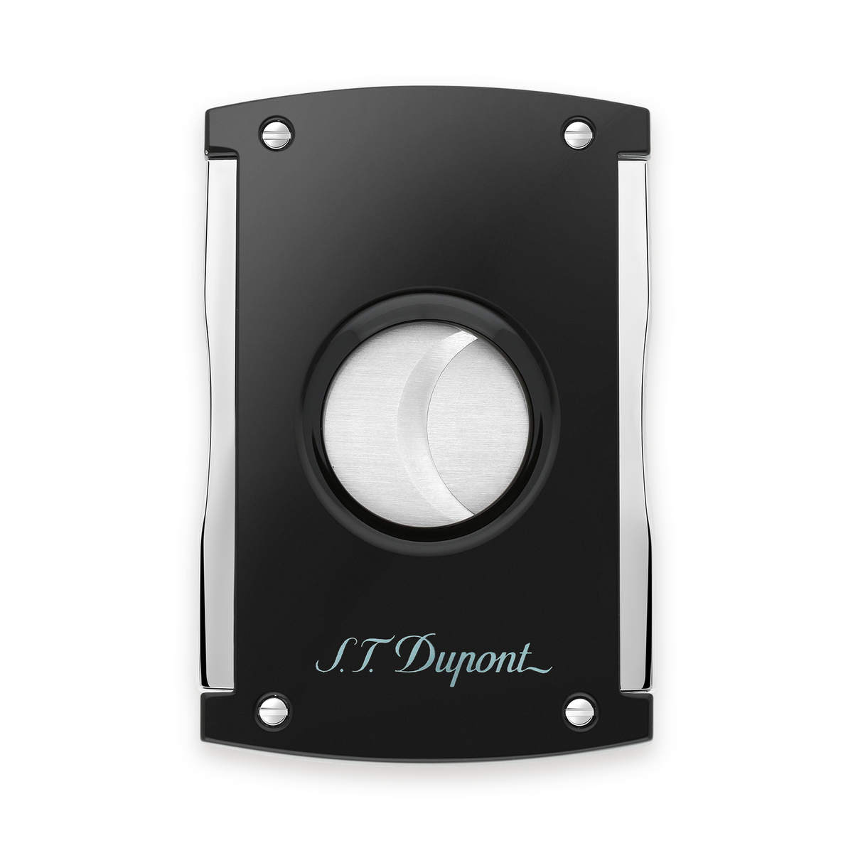 S.T. Dupont Maxijet cigar cutter in black lacquer and chrome, front view with the blades closed