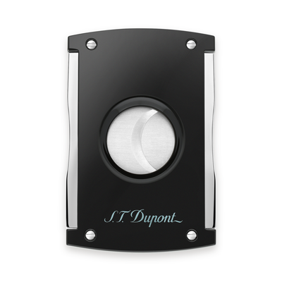 S.T. Dupont Maxijet cigar cutter in black lacquer and chrome, front view with the blades closed