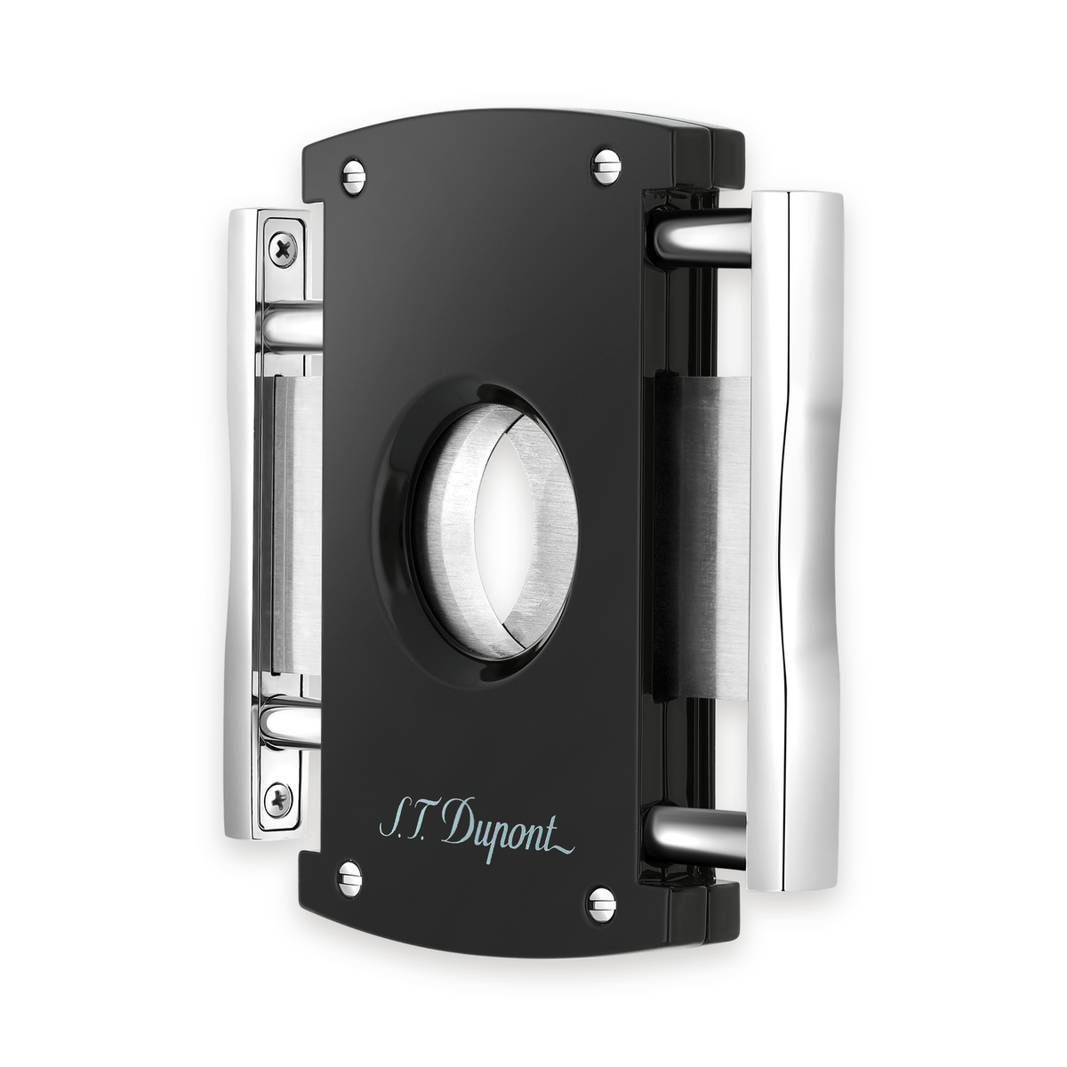 S.T. Dupont Maxijet cigar cutter, three-quarter view with the spring-loaded double blades open