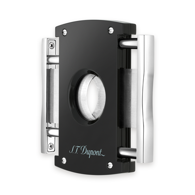 S.T. Dupont Maxijet cigar cutter, three-quarter view with the spring-loaded double blades open