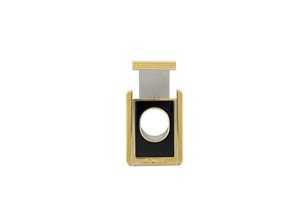 S.T. Dupont cigar cutter in black lacquer and gold with the blade open, showing the circular cutting aperture