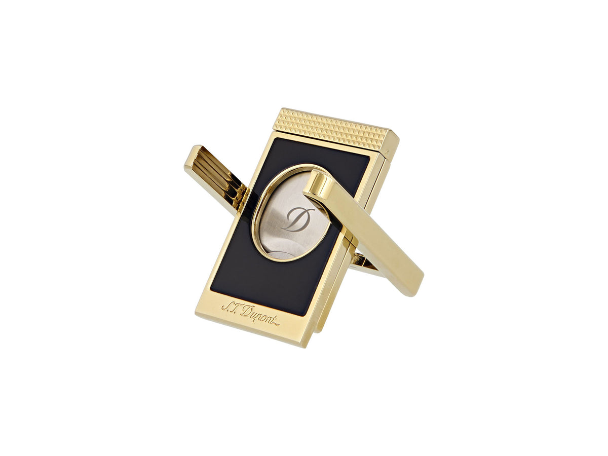 S.T. Dupont cigar cutter stand in black lacquer and gold, three-quarter view with the stand arm swung out