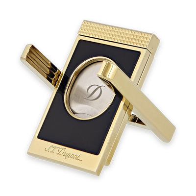 S.T. Dupont cigar cutter stand in black lacquer and gold, three-quarter view with the stand arm swung out
