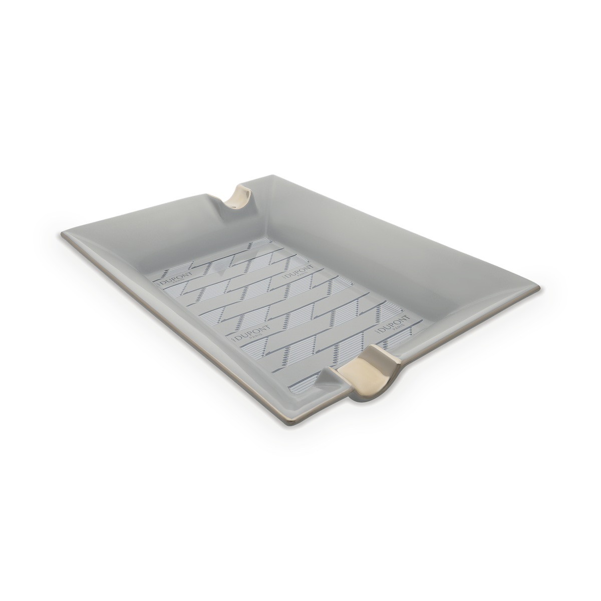 S.T. Dupont Monogram 1872 porcelain ashtray in grey, angled view from the other corner