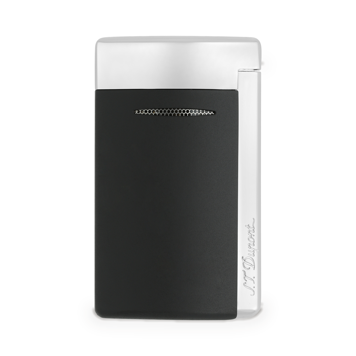 S.T. Dupont Minijet torch lighter in matte black with a plated cap, front view