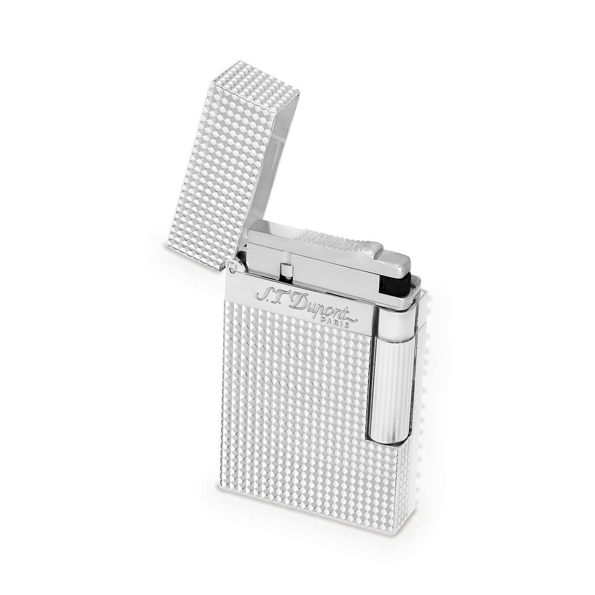 S.T. Dupont Ligne 2 Diamond Head lighter in palladium, three-quarter view with the hinged cap open above the burner