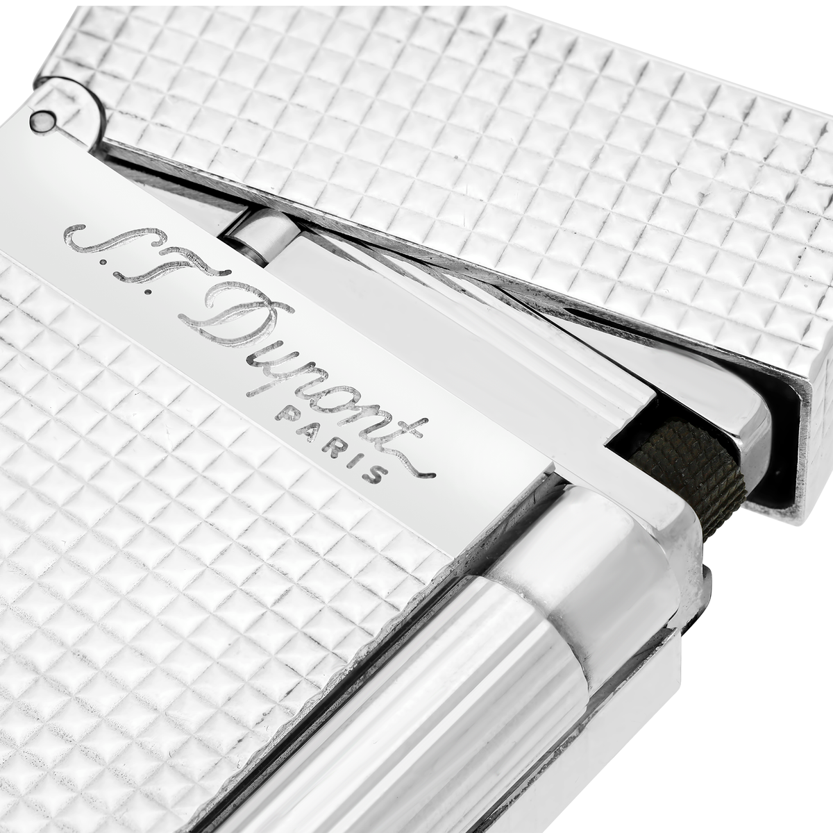 Close-up of the S.T. Dupont Ligne 2 Diamond Head guilloché, hinge and engraved signature band