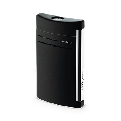 S.T. Dupont Maxijet torch lighter in matte black with chrome trim, front view against a light ground