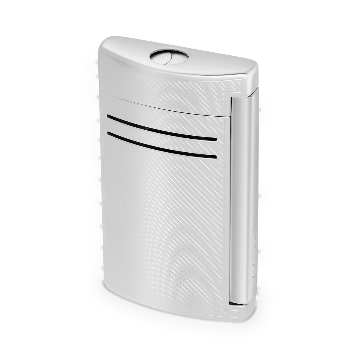 S.T. Dupont Maxijet torch lighter in chrome grid, three-quarter view from above showing the ignition and burner